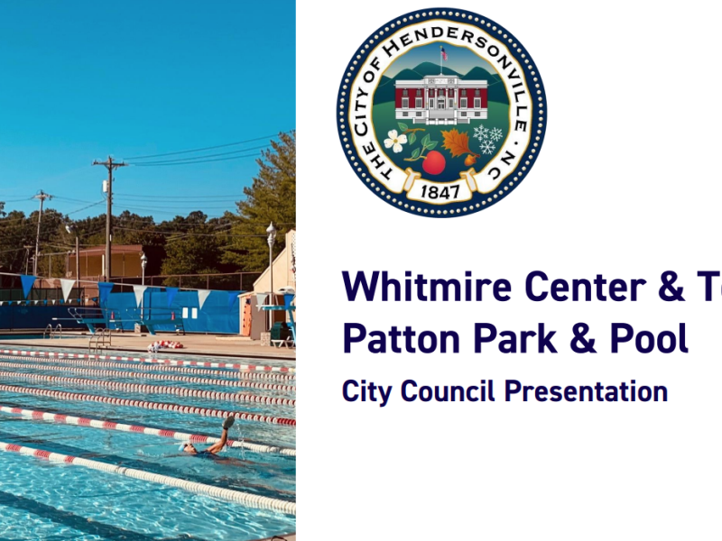 Patton pool with outdoor swimming lanes and the city seal