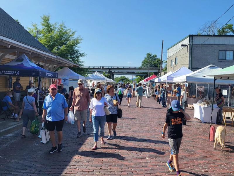 Hendersonville Farmers Market day with visitors walking around 