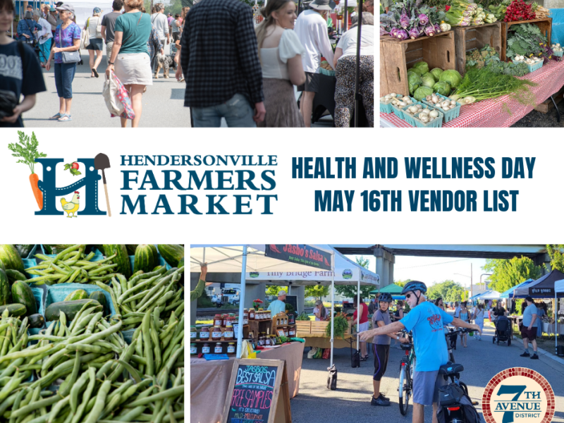 collage of photos of people at the market and veggies to promote health and wellness day at the Hendersonville Farmers Market 
