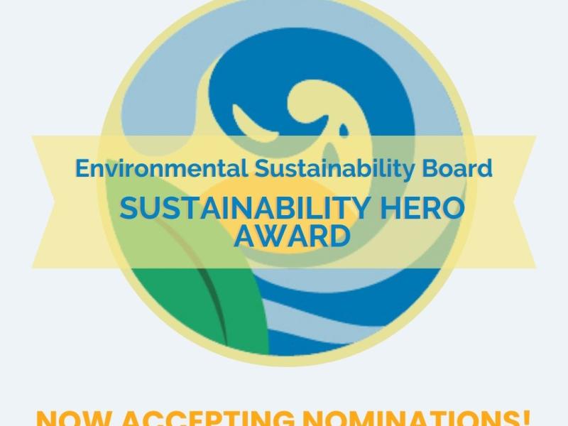 Sustainability Hero Award Nominations Open graphic, with blue wave and leaf logo.
