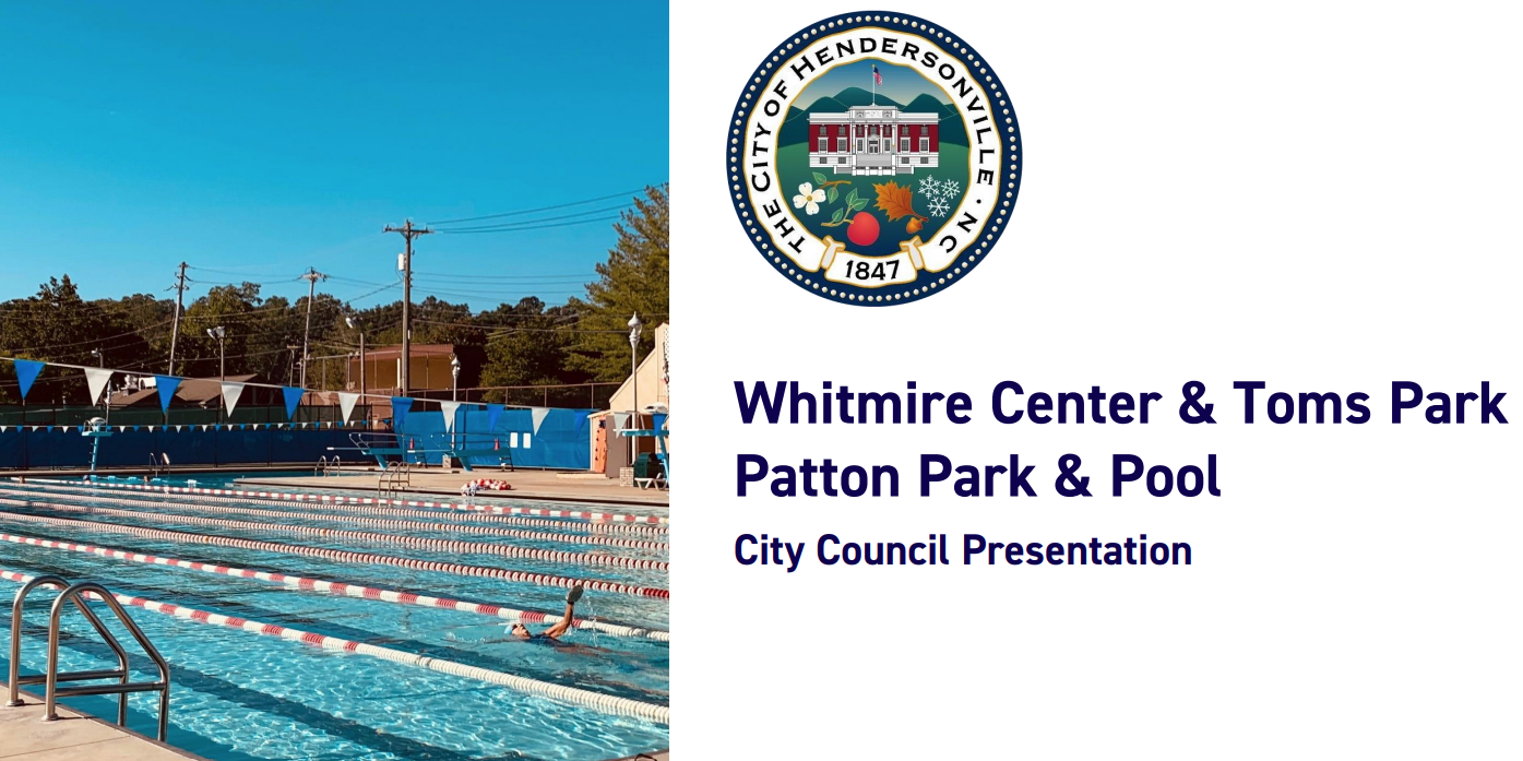 Patton pool with outdoor swimming lanes and the city seal