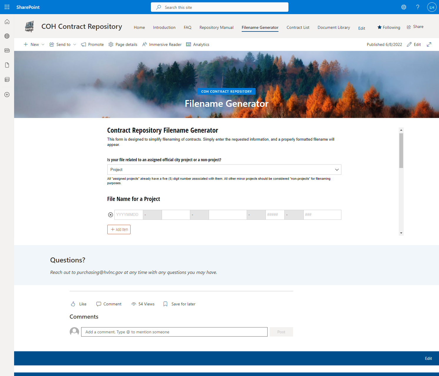Contract Repository Filename Generator Page
