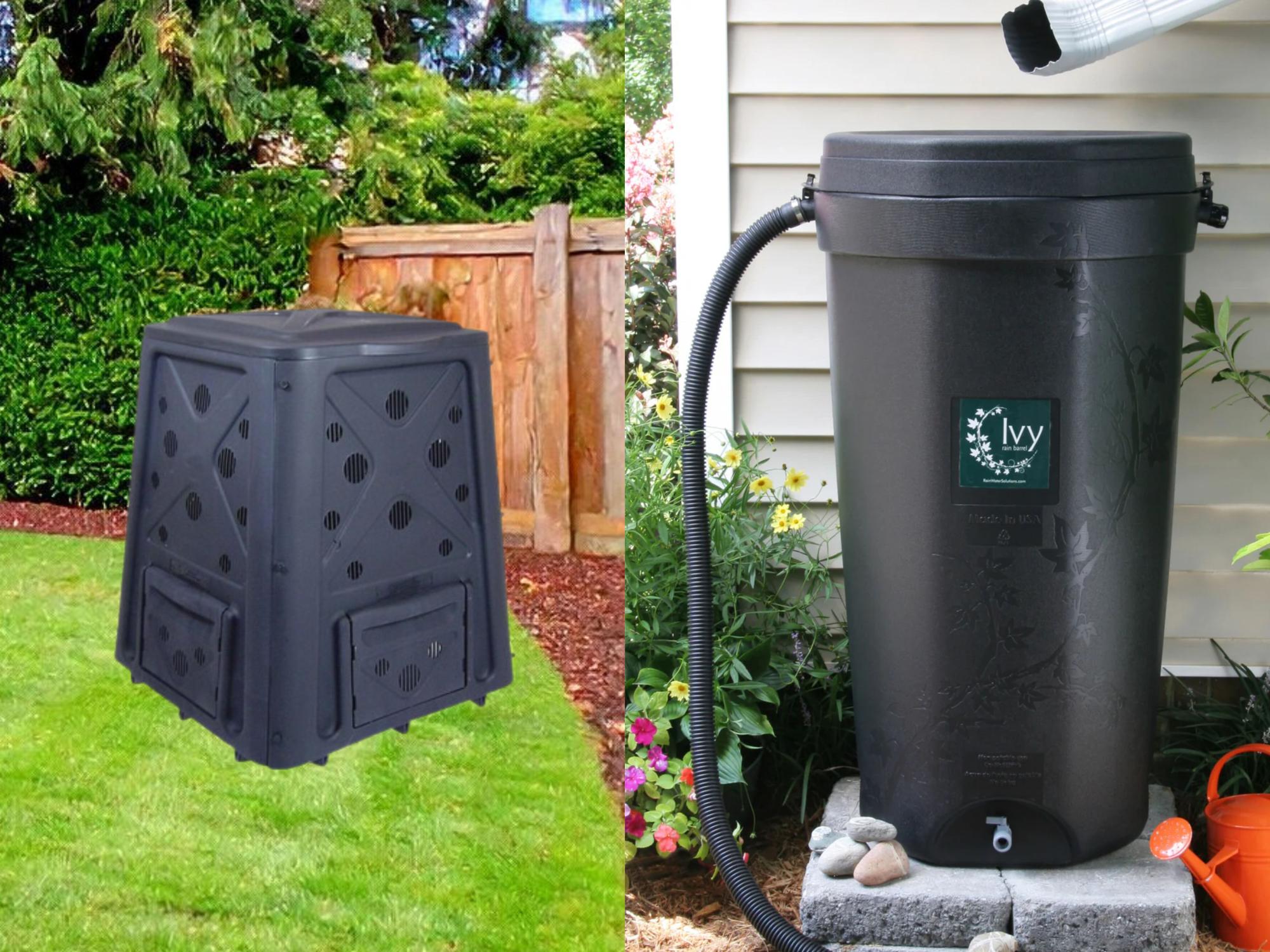 Compost bin in backyard and rain barrel in front of house