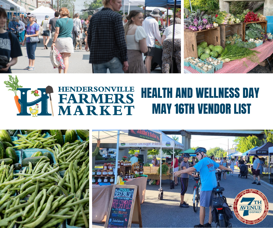 collage of photos of people at the market and veggies to promote health and wellness day at the Hendersonville Farmers Market 