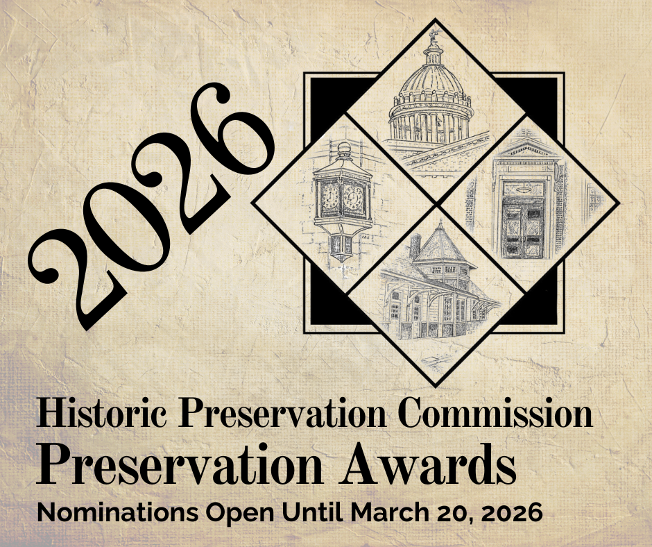 Graphic announcing 2026  Historic Preservation Awards showcasing historic buildings