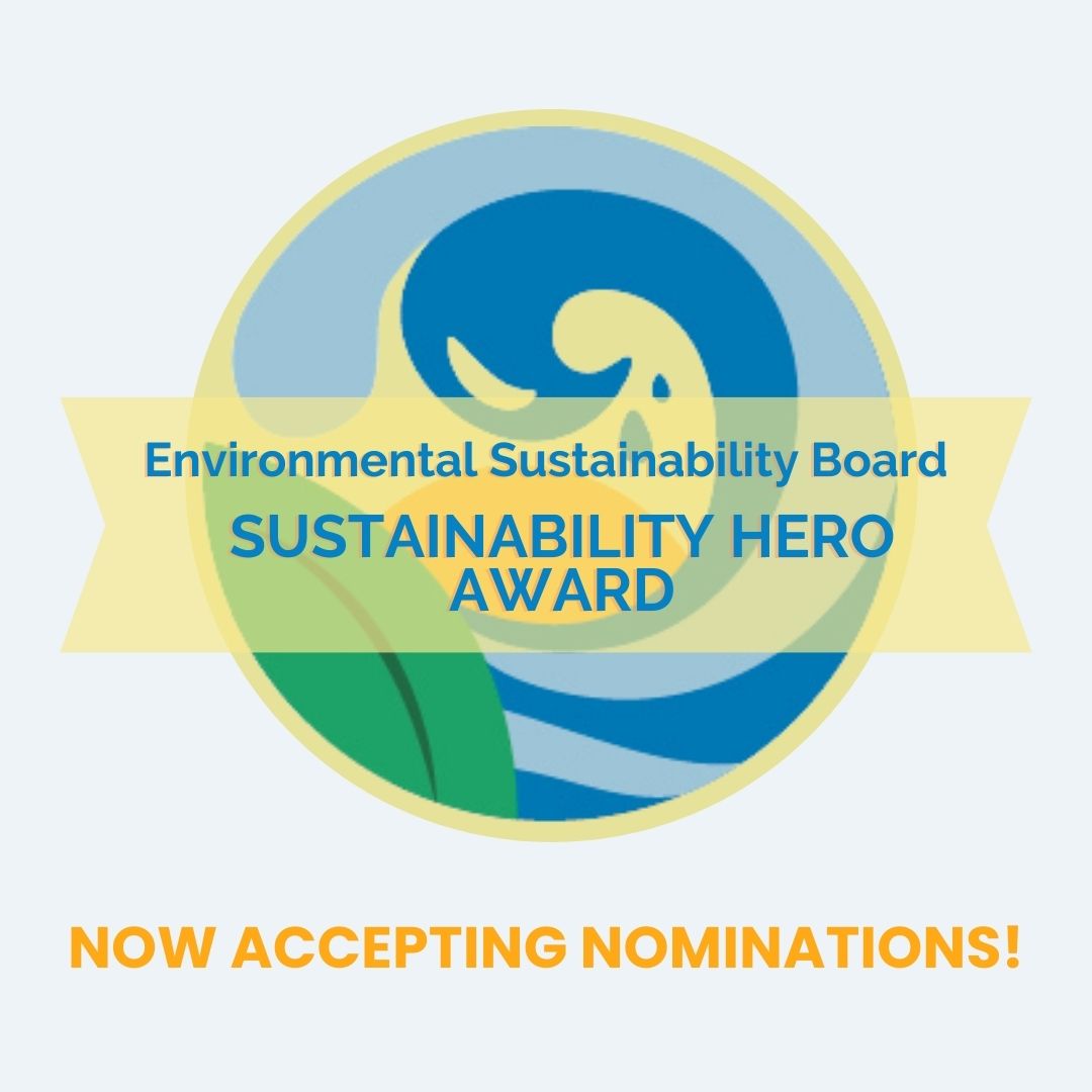 Sustainability Hero Award Nominations Open graphic, with blue wave and leaf logo.